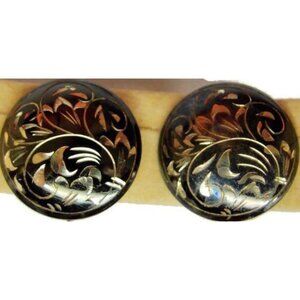 Black Floral Vintage Sterling Silver Screw Back Earrings Detailed SSFCC Patina